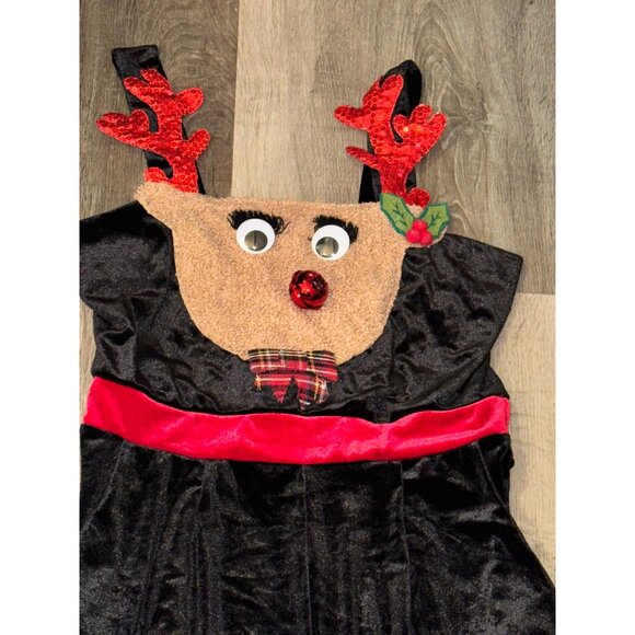 Reindeer Face Girls Velvet Christmas Jumpsuit L (11/13) With Red Sequin Antlers - Picture 2 of 6